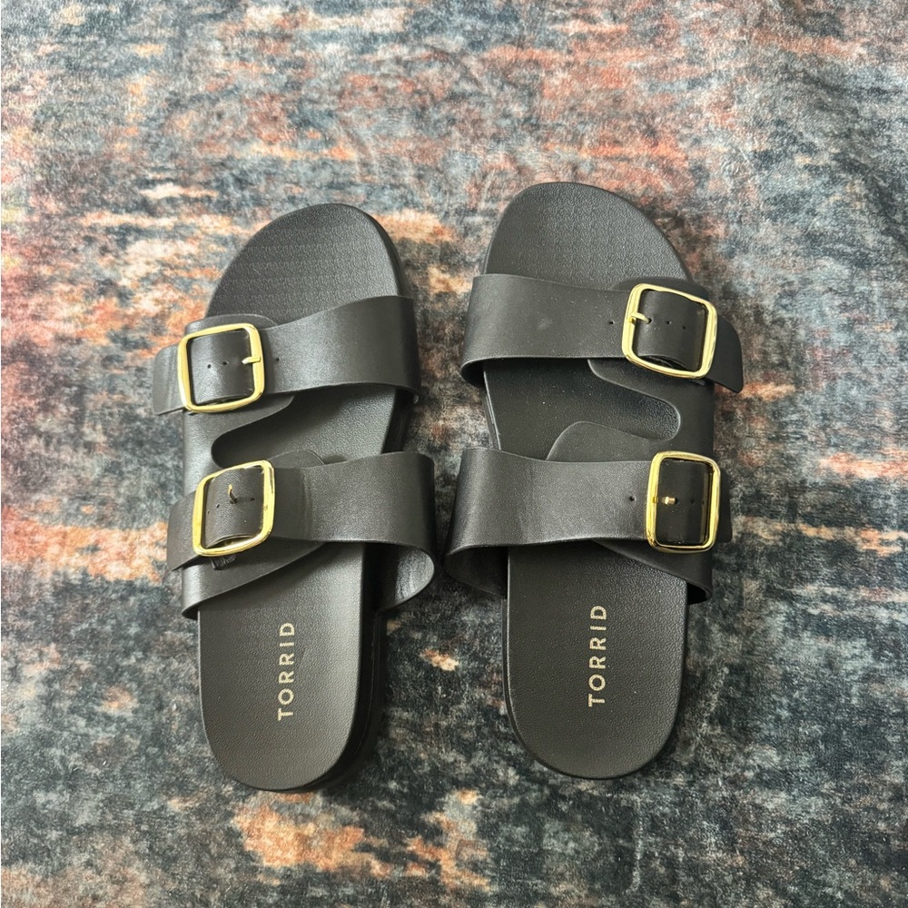 torrid Black Double Buckle Slide Sandals with Gold Buckles - Picture 2 of 4
